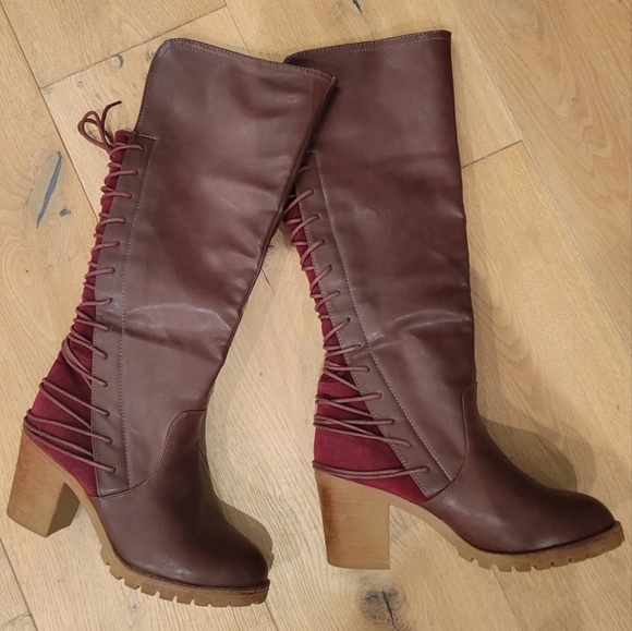 Bucco RIMALINE knee high Boots Lace up back burgundy maroon*Excellent! - Picture 2 of 14